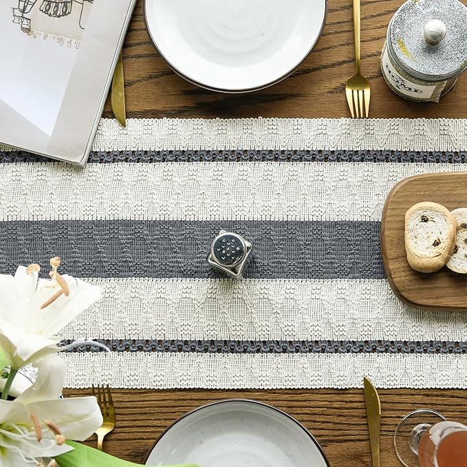 Artoid Mode Dark Grey Farmhouse Woven Rustic Table Runner, Seasonal Holiday Hollow Kitchen Dining Table Decoration for Home Party Decor 12x36 Inch