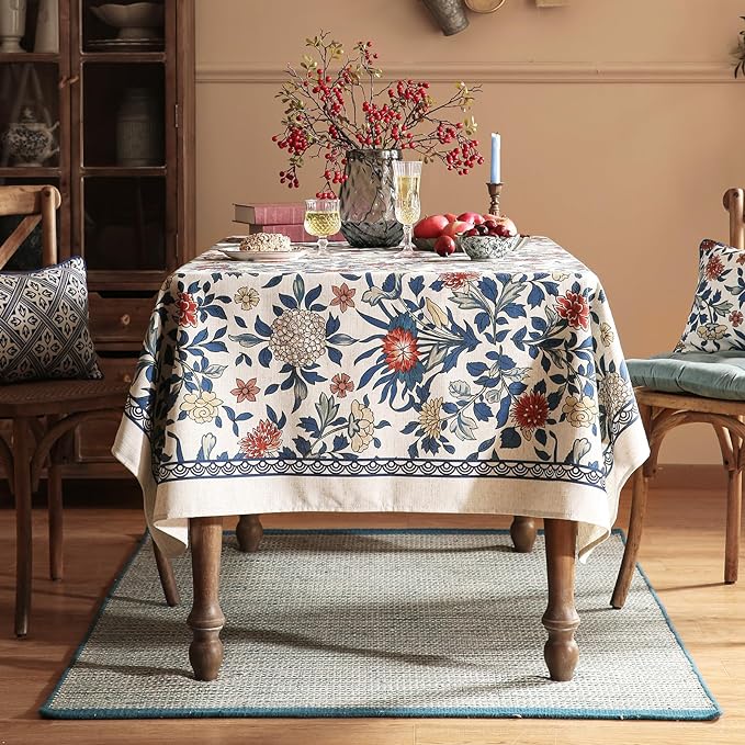 patdrea Designer Blue Tablecloth for Rectangle Table,Vintage Linen with Leaves and Floral Pattern Tablecloths,Farmhouse Decor Cover for Kitchen Dining Christmas,Thanksgiving,55"x79"-Ivar a