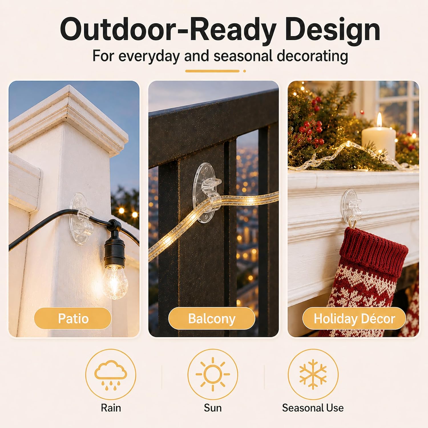 Outdoor String Lights Hooks Clips - 20Pcs Clear Waterproof Adhesive Hangers | 3X Stronger Adhesion - Heavy Duty Removable Sticky Strips No Drill No Residue Indoor Outside Patio Fence Wall Cord Christmas