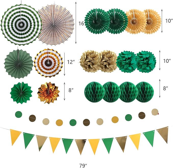 Green and Gold Party Decorations, 23Pcs Hanging Paper Fans, Pom Poms Flowers, Garland String Polka Dot and Triangle Bunting Flag Packs for Girl Birthday Bridal Shower Baby Showers
