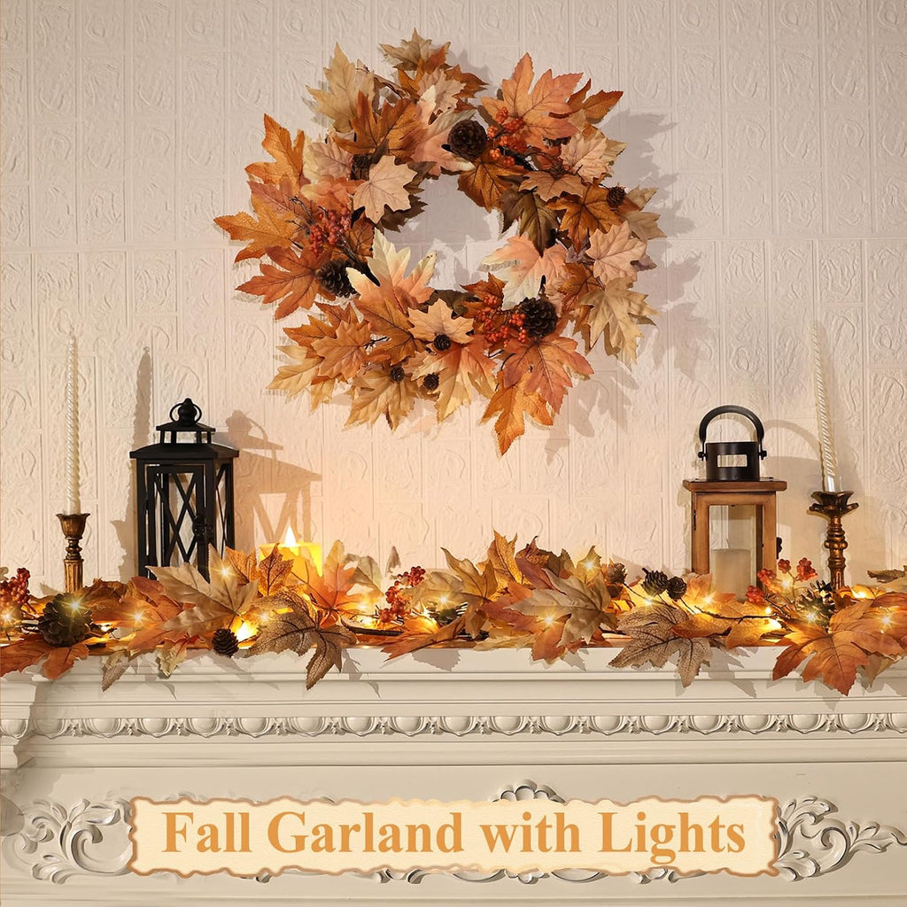 6 ft lighted fall garland with lights autumn shown in use