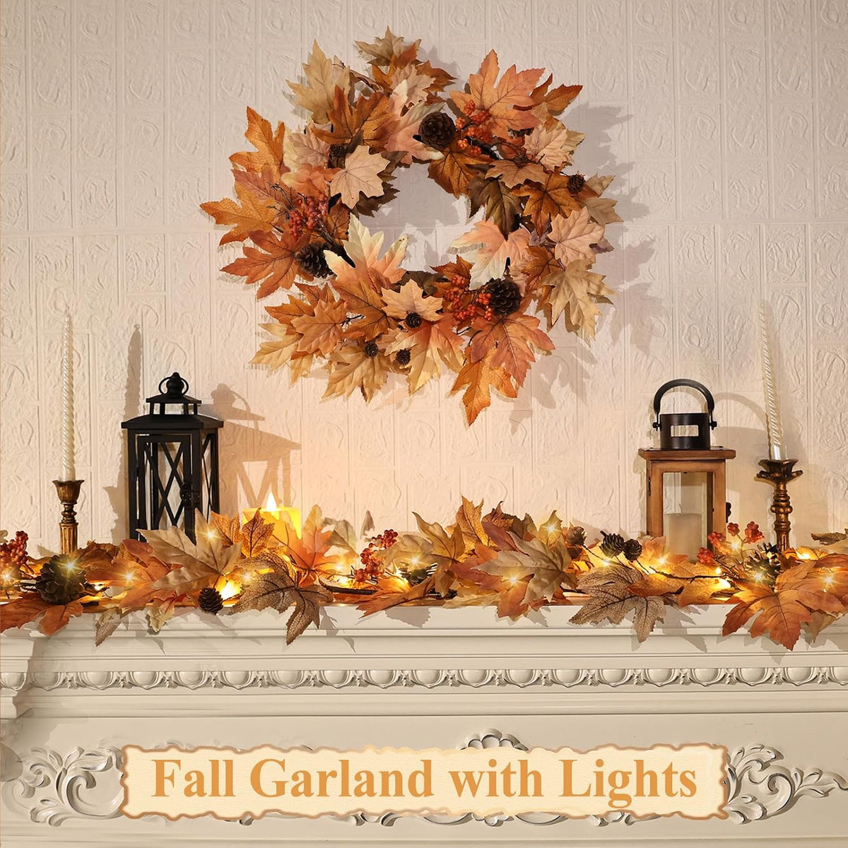 6 ft lighted fall garland with lights autumn shown in use
