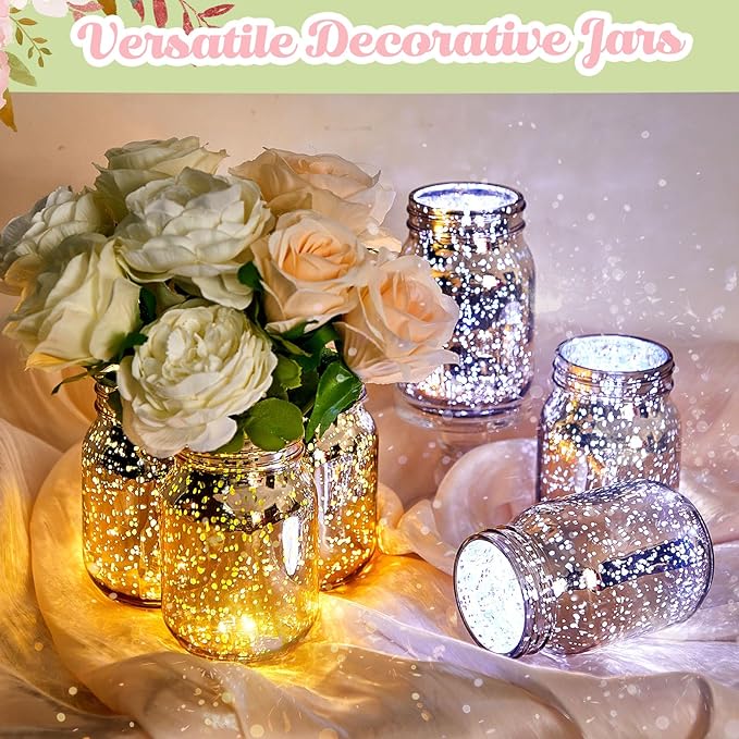 Layhit 6 Pcs Painted Mason Jars Colored Painted Mason Jars Centerpiece for Table with 6 Pcs 9.84 ft 30 LED Operated Fairy Lights for Wedding(Gold)