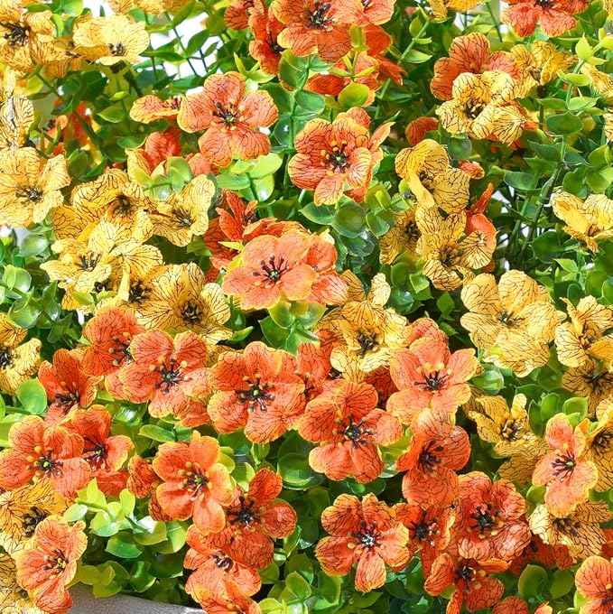 HyeFlora Artificial Fall Flowers Faux Mums for Outdoor Indoor Garden Home Decoration, Faux Flower Daisy with Eucalyptus Leaves Fake Mums Plants Greenery Boxwood Porch Patio, 12 Bundles (OrangeYellow)