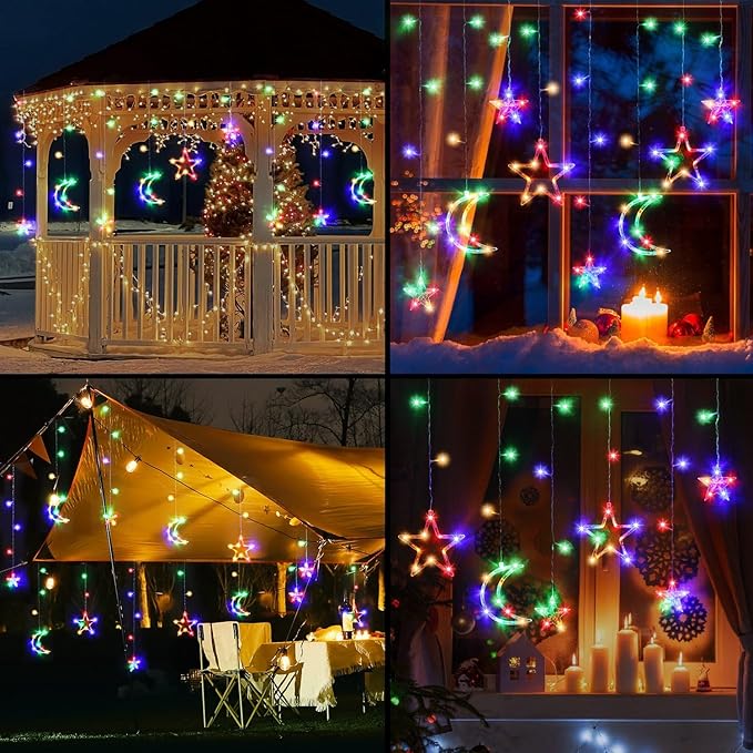 PUHONG Christmas String Lights, 138 LEDs Curtain Lights with 8 Light Modes, 11.48FT Star Moon Indoor Outdoor Fairy String for Window, Bedroom, Wall, Home, Ramadan, Christmas Decoration - Multicolored