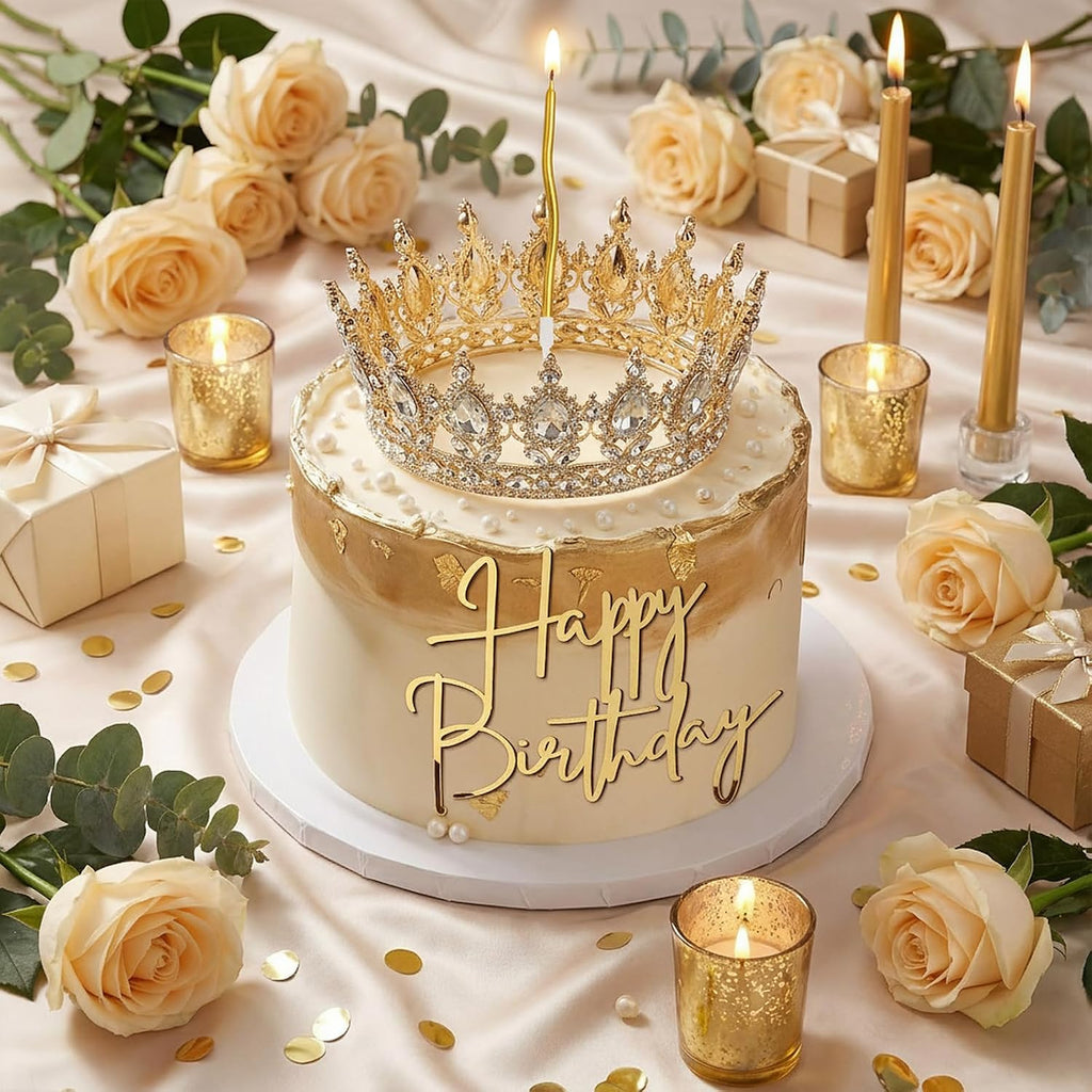Highergo 8 Pcs Queen Crown Cake Topper Gold Rhinestone Crystal Tiara Birthday Cake Decoration for Women Princess Queen Wedding Party Photo Props