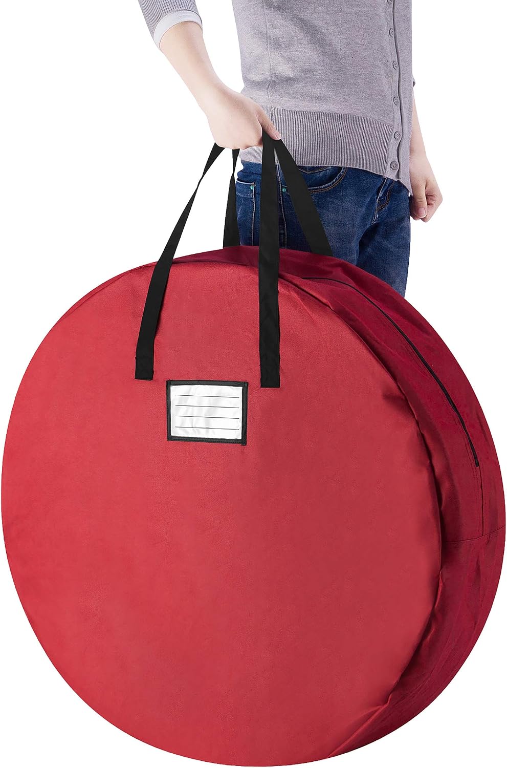 Wreath Storage Bag - 30-inch Organizer for Artificial Christmas Wreaths and Garland - Holiday Themed Canvas Tote with Handles by Tiny Tim Totes (Red)