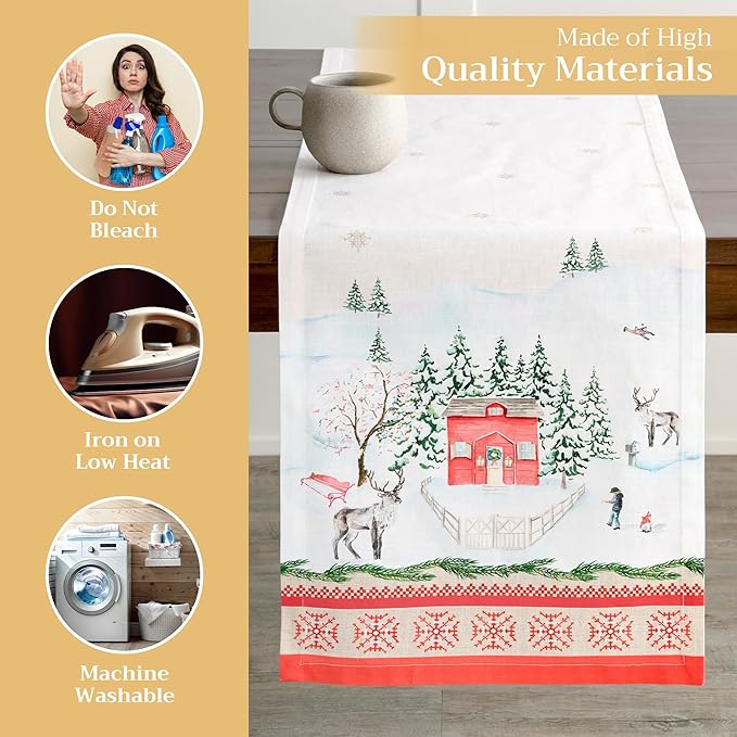 Maison d' Hermine Table Runner 100% Cotton Double Layer Table Runners 108 inches Long for Thanksgiving Christmas Decorations Home Kitchen Dining Party Wedding (Rural Christmas, 14.5" x 108")