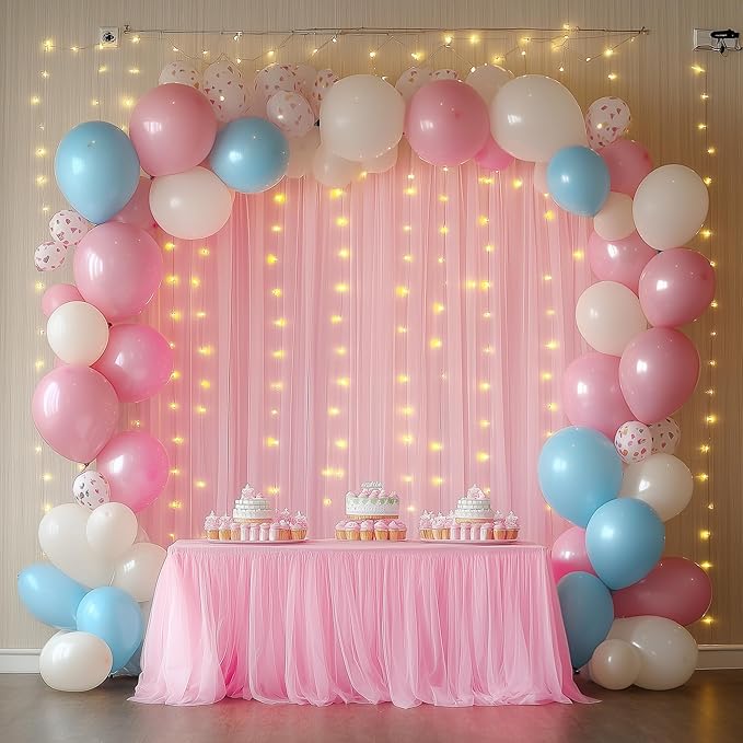 Fomcet Pink Tulle Backdrop Curtains with Lights String 10FT X 8FT Sheer Curtain with Lights Tulle Curtains Backdrop for Wedding Birthday Party Baby Shower Photo Shoot (2 Panels 5x8FT)