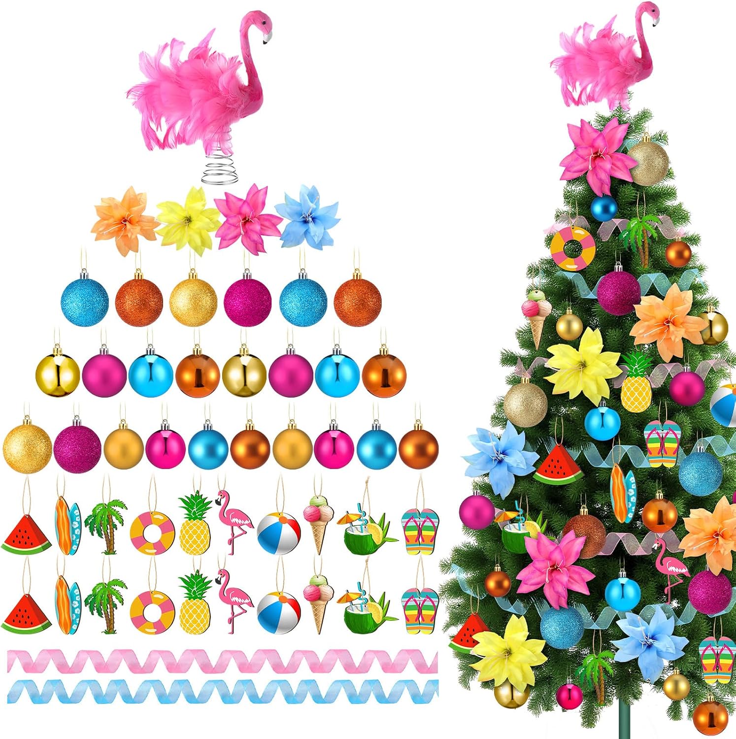 Seenelling 65 Pcs Summer Christmas Tree Ornaments, Tropical Flamingo Decor | Pink Flamingo Topper, Wooden Hangers, Faux Flowers, Ribbon, Luau Beach Party, Christmas in July