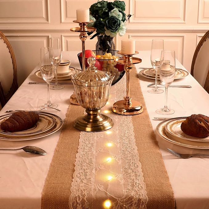 Burlap Table Runner with LED String Lights Rustic 12" x 108" Christmas Tablecloth Lighted Table Runner Farmhouse Decor for Wedding Bridal Shower Xmas Holiday