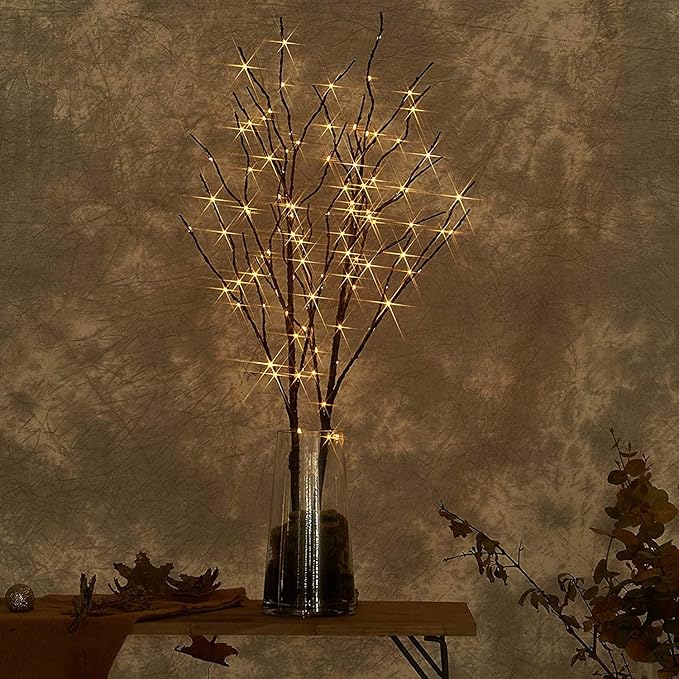 Fudios Lighted Brown Branches with Timer 32 in 100 LED for Vases Battery Operated, Artificial Willow Branch Twigs with Warm White Lights for Christmas Holiday Party Decor