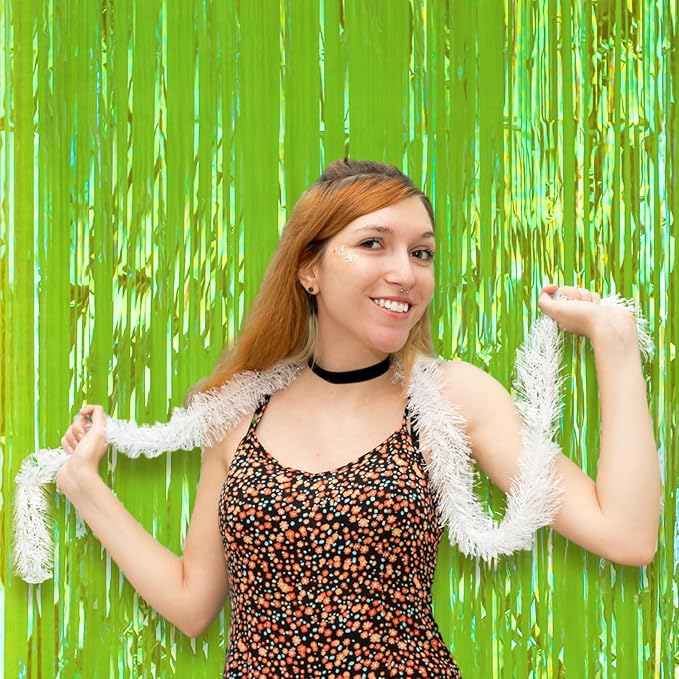 4 Pack 3.3x8.2 Feet Neon Green Foil Fringe Backdrop Curtains, Tinsel Streamers Birthday Party Decorations, Fringe Backdrop for Graduation, Baby Shower, Gender Reveal, Disco Party
