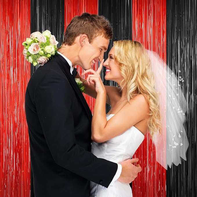 2Pack Black Red Backdrop Curtains Party Decor, Door Streamers Photo Booth Backdrop Metallic Party Streamer Tinsel Foil Fringe Curtains Backdrop Halloween Baby Shower Bachelorette Xmas Party Decors
