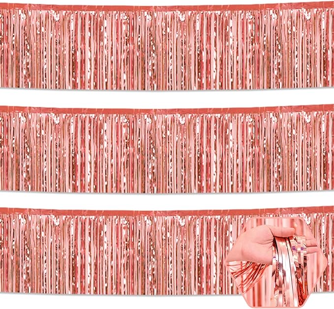 3 Pack 10 Long Rose Gold Metallic Foil Fringe Garland Wall Hanging Tassle Banner, Mother's Day, Easter, Parade Floats, Birthday, Theme Party, Wedding Party Decorations