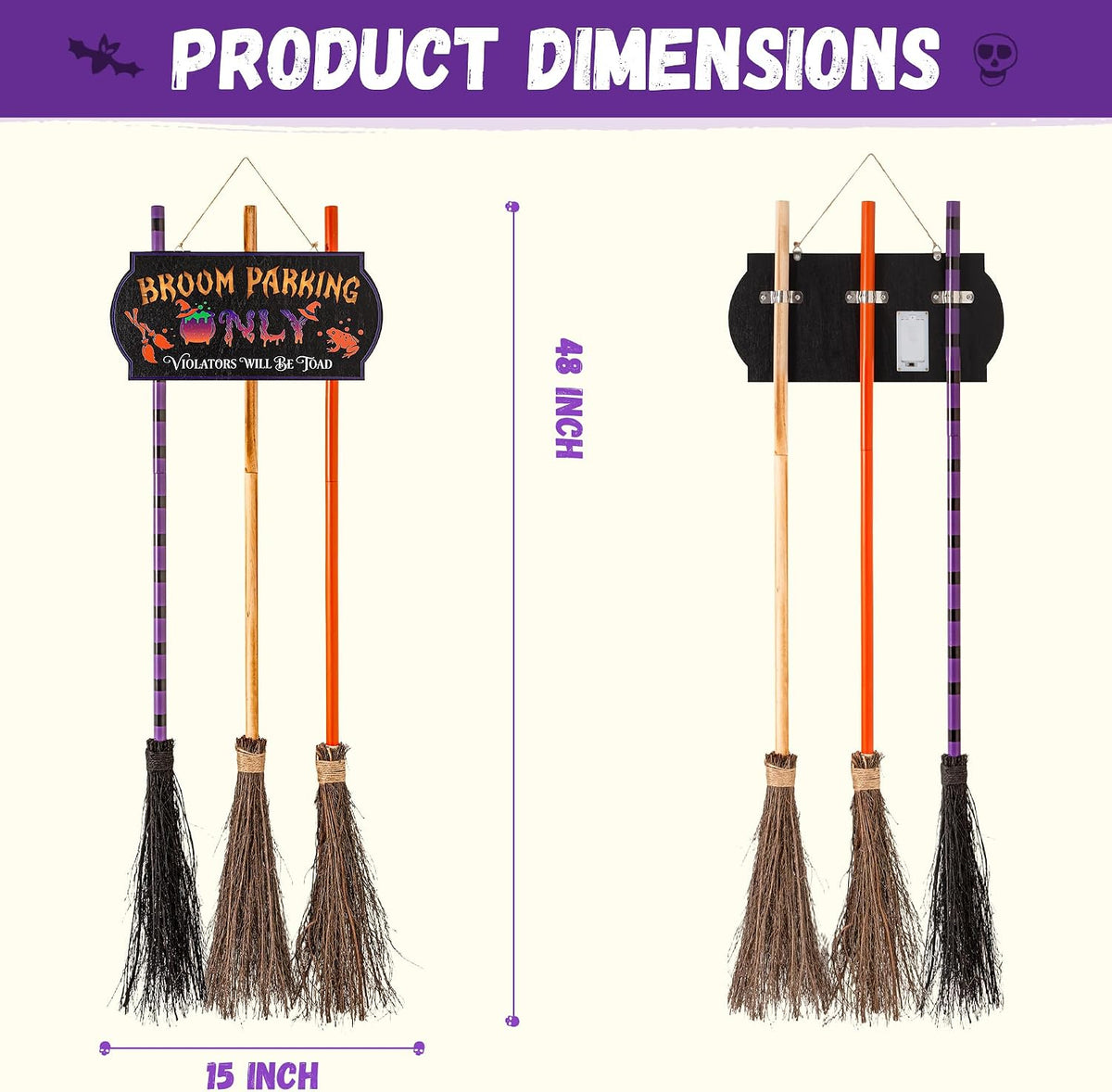 ELAMAS Halloween Decorations Light-up Broom Parking Only Sign with 3 Witch Br...