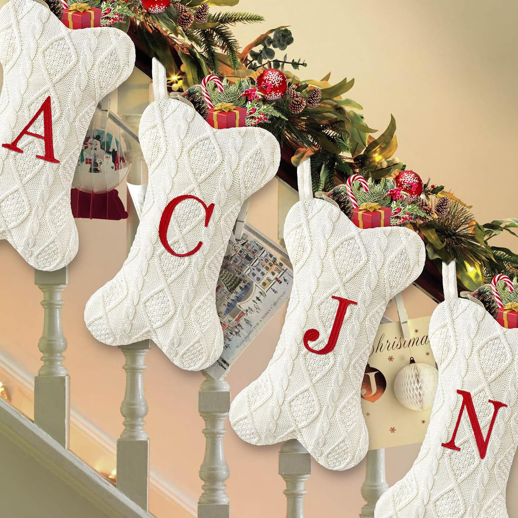 Malier Dog Christmas Stocking with Initials, Letter A Embroidered Knit Christmas Stocking for Dogs, White Large Bone Shape Xmas Pet Stockings Hanging Stocking for Dogs Cats Pets (White, Letter-L)