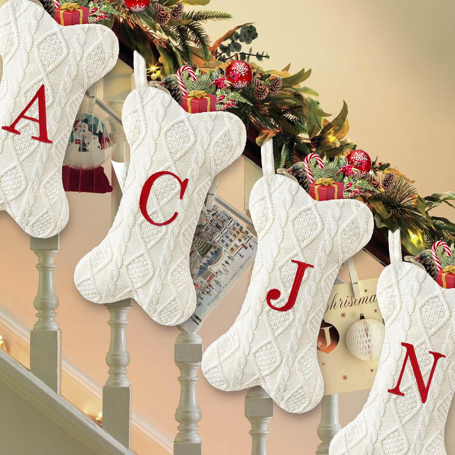 Malier Dog Christmas Stocking with Initials, Letter A Embroidered Knit Christmas Stocking for Dogs, White Large Bone Shape Xmas Pet Stockings Hanging Stocking for Dogs Cats Pets (White, Letter-L)