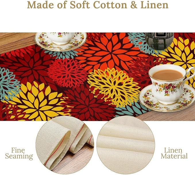 Red Yellow Dahlia Table Runner, Seasonal Autumn Thanksgiving Pattern Print for Home Kitchen Table Decor Dining Coffee Room Party Decor 13x70 Inch