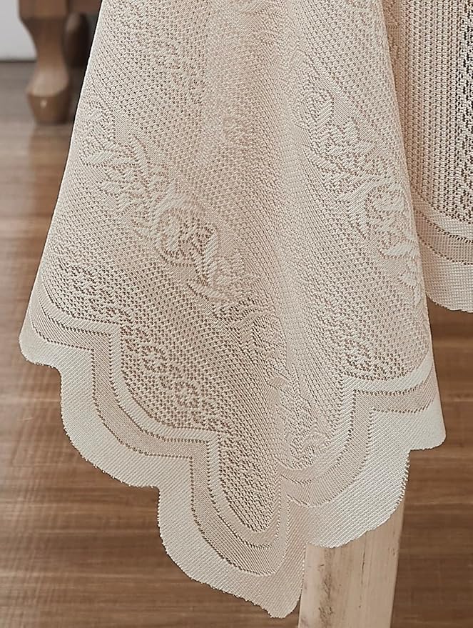 LinenZone Lace Round Tablecloth with Elegant Scalloped Bottom for Any Special Event Such as Wedding, Birthday Party, Baby Shower, Anniversary. Sits 6 to 8 People. (Linda 90 Round, Linen)