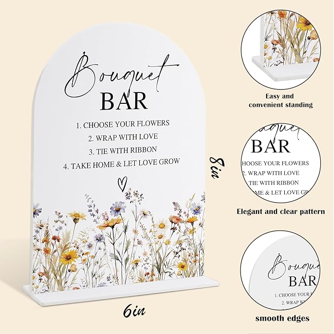 Wedding Signs for Ceremony and Reception, Boho Floral Acrylic Bouquet Bar Sign, Wedding Signage with Stand, Bridal Shower Table Centerpieces, Bouquet Bar Supplies for Engagement Reception Event, 24