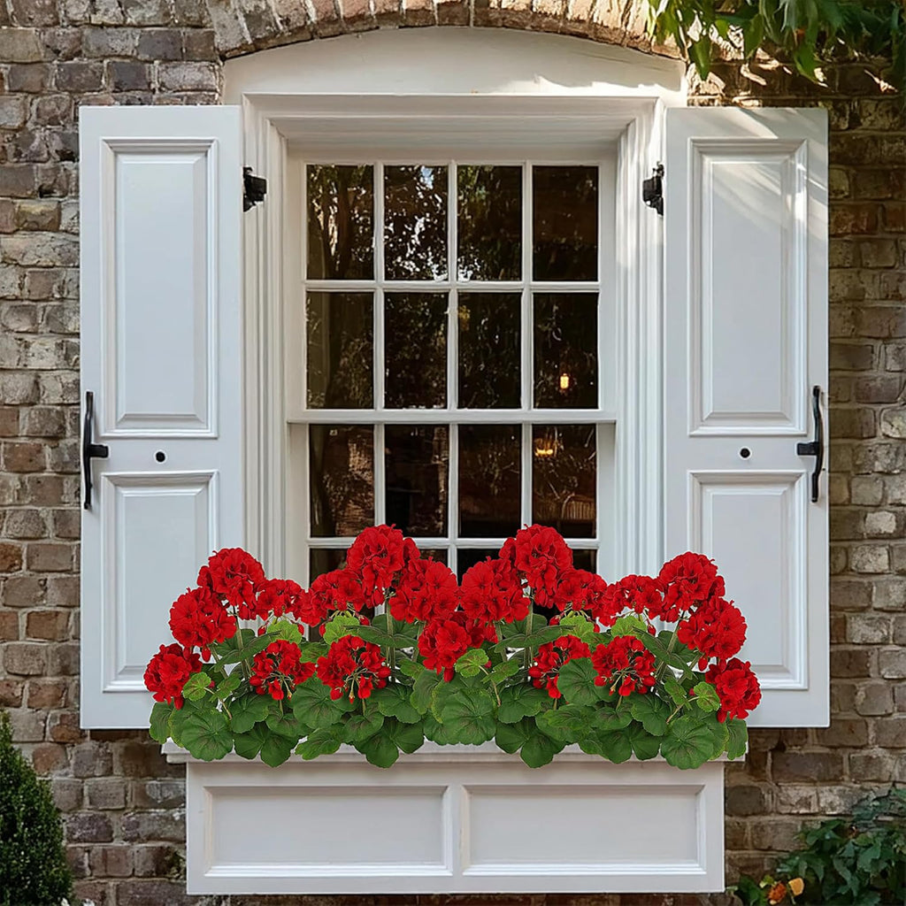 FOREST PRINCE 2 PCS 18" Artificial Geraniums for Outdoors, UV Resistant Red Silk Flowers for Window Box Porch Patio Garden Decor, Waterproof Ruby Red