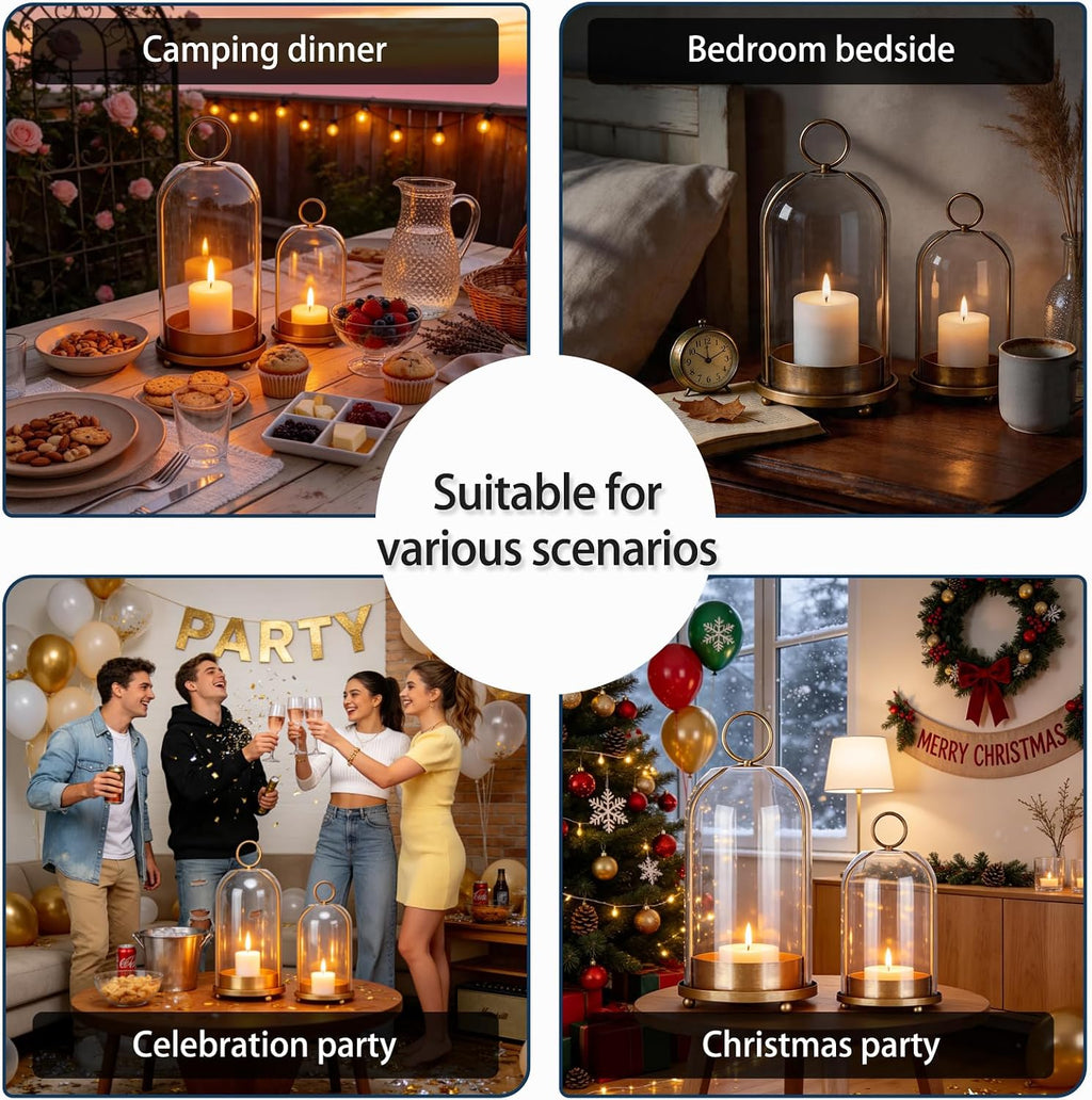 Hurricane Bell Jar Candle Holder Clear Dome Cover Holders with Iron Base Set of 2 Vintage Pillar Glass Candles Cloche for Tabletop Centerpieces or Hanging (1, Gold)