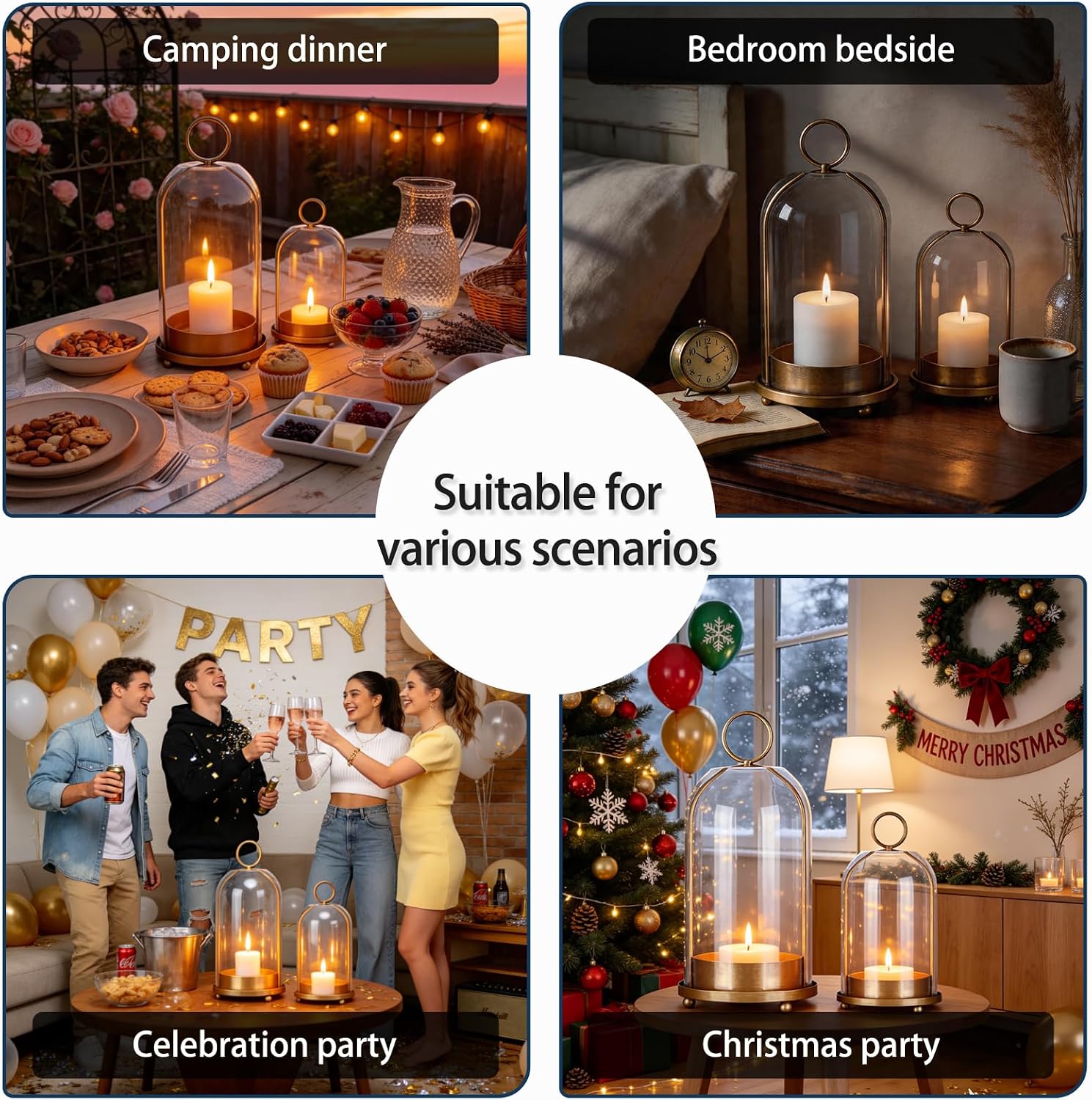 Hurricane Bell Jar Candle Holder Clear Dome Cover Holders with Iron Base Set of 2 Vintage Pillar Glass Candles Cloche for Tabletop Centerpieces or Hanging (1, Gold)