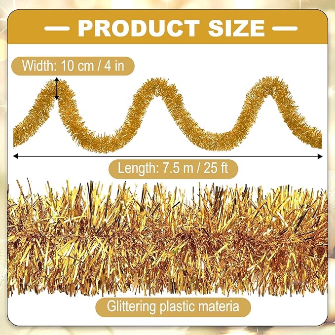 25 Feet Christmas Tinsel Garland, Metallic Twist Wall Hanging Backdrop for Parade Floats, Christmas Eve, New Year, Valentine's Day Party Decorations (Champagne Gold, 4in x 25ft)