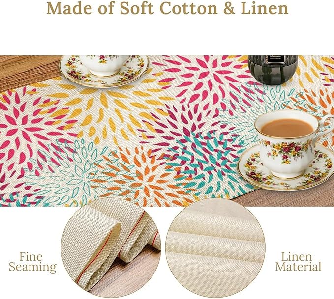Abstract Flowers Table Runner, Chrysanthemum Dahlia Vintage Modern Colorful Spring Summer Elegant Table Runner for Party Kitchen Dining Living Room Laundry Room Decor, 13x70 Inch