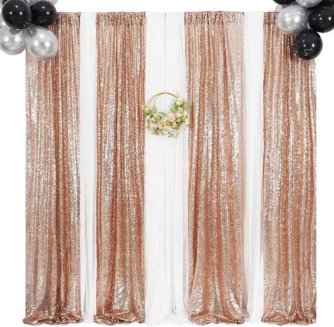 Poise3EHome Rose Gold Sequin Backdrop,2 Panels 2FTx8FT Glitter Background for Party Birthday Party Baby Shower Wedding Christmas Thanksgiving Holiday Festival Decor
