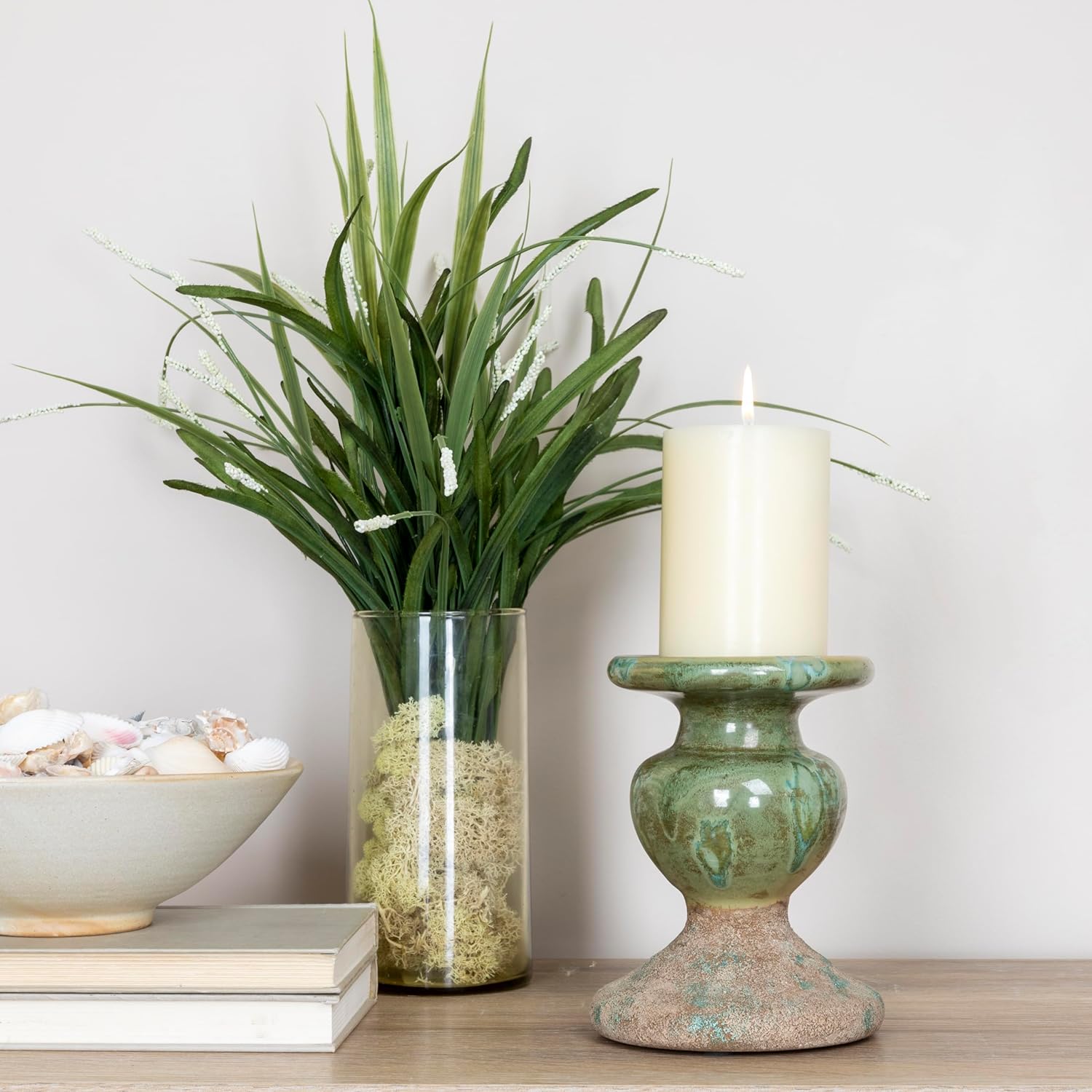 Creative Co-Op 2-Tone Sculptural Terracotta Pillar Candle Holder, Distressed Green