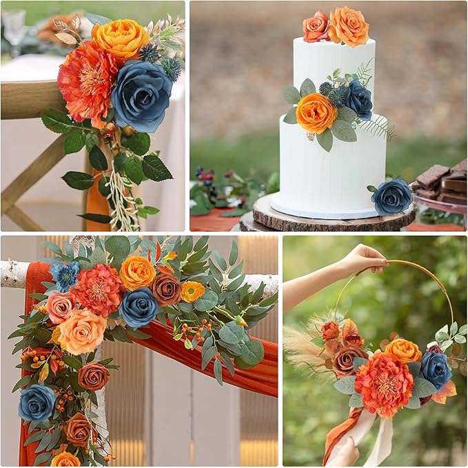 AmyHomie Teal Orange Artificial Flowers Combo Silk Mix Peony Rose Fake Flowers w/Stem for DIY Wedding Bouquets Centerpieces Arrangements Table Fall Decor Party Bridal Baby Shower Home Decorations