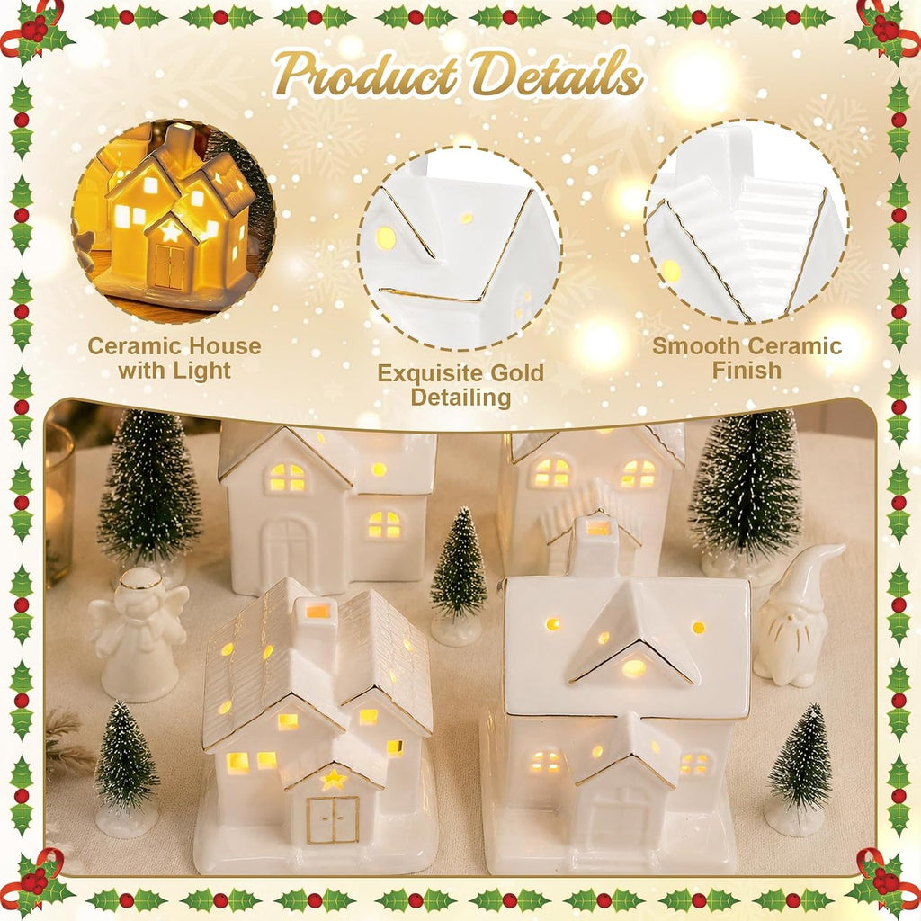 christmas village sets,12 pcs christmas village houses with showing dimensions
