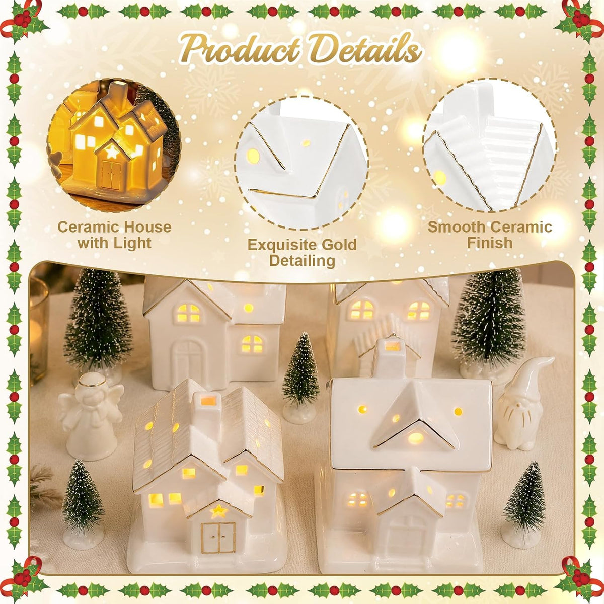 christmas village sets,12 pcs christmas village houses with showing dimensions