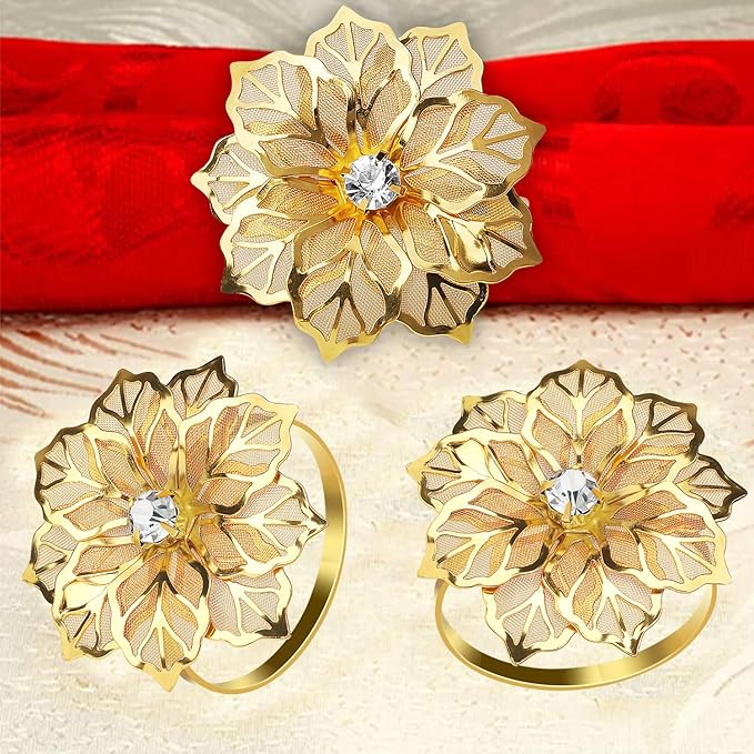 KPOSIYA Flower Napkin Rings Holder Metal Gold Napkin Rings Set of 6 for Wedding Party Holiday Banquet Christmas Dinner Delicate Serviette Buckles Decor Favor (6, Flower-Gold)