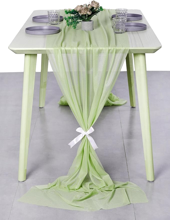 MDS 2 Pack 10ft Chiffon Table Runner 29 x 120 Inches Sheer Wedding Runner Romantic Rustic Table Runner for Wedding Decorations, Birthday Parties, Bridal Shower Party Arch Decor - Sage Green