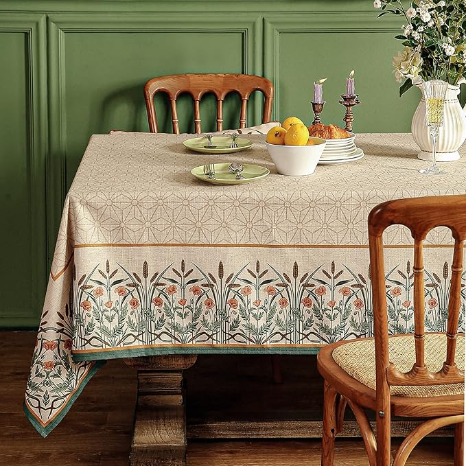 patdrea Designer French Light Brown Rectangular Table Cloth,Linen Floral Durable Breathable Extra Long Tablecloth,Decor for Kitchen Dining,Parties,Party,Christmas,Thanksgiving,63"x110"-Cudillero