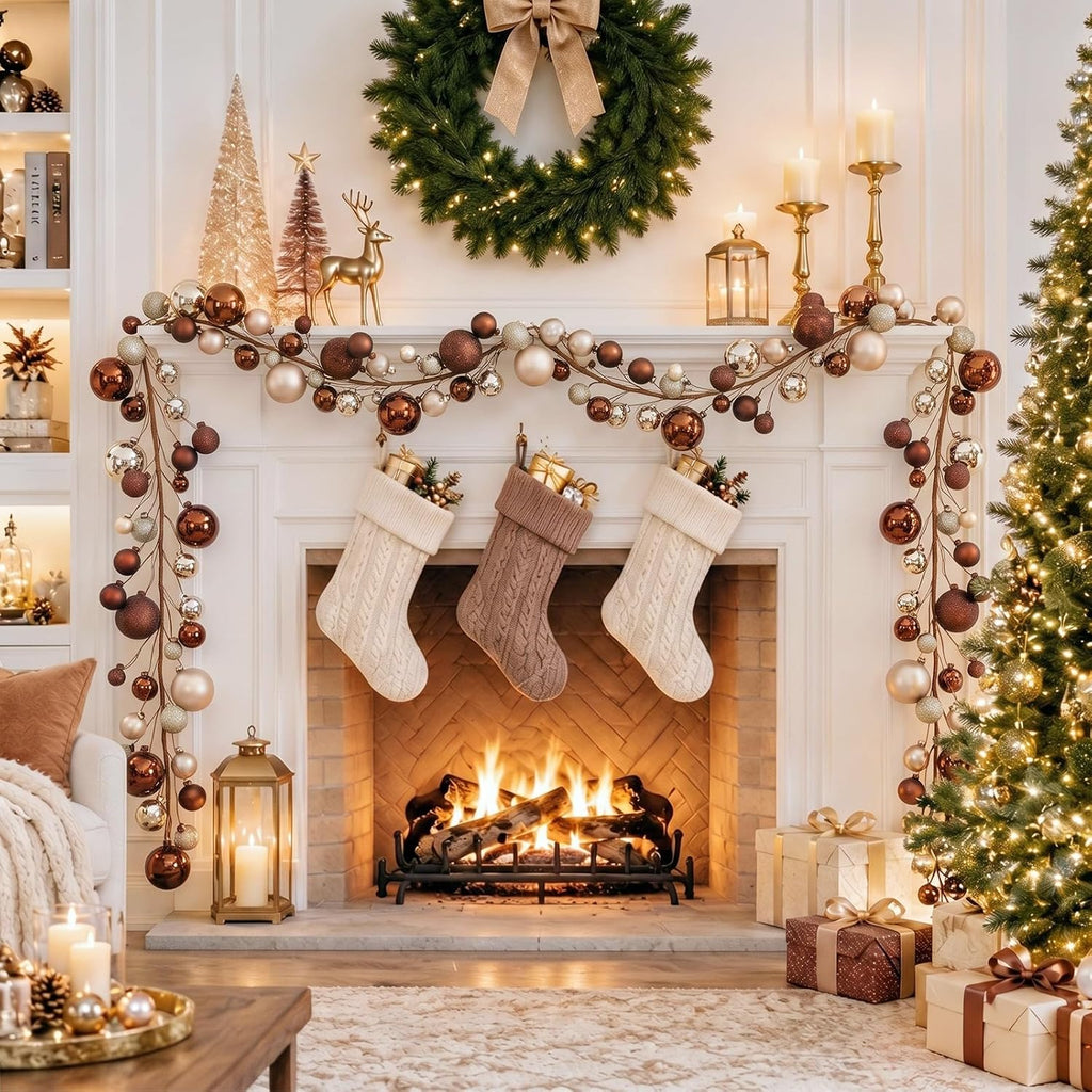 6 ft christmas ball ornament garland, brown, champagne, side view