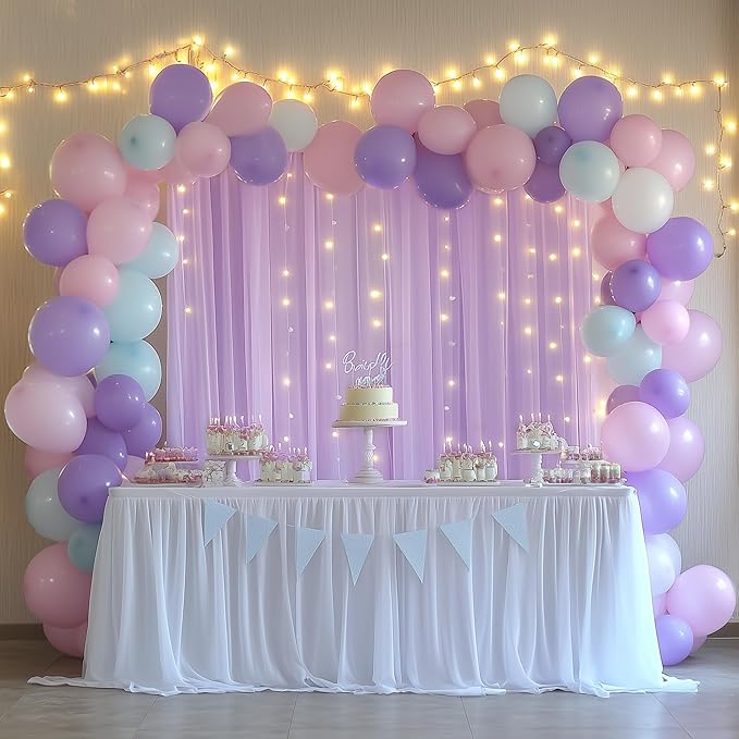 Fomcet Lavender Tulle Backdrop Curtains with Lights String 10FT X 10FT Sheer Curtain with Lights Tulle Curtains Backdrop for Wedding Birthday Party Photo Shoot (2 Panels 5x10FT)