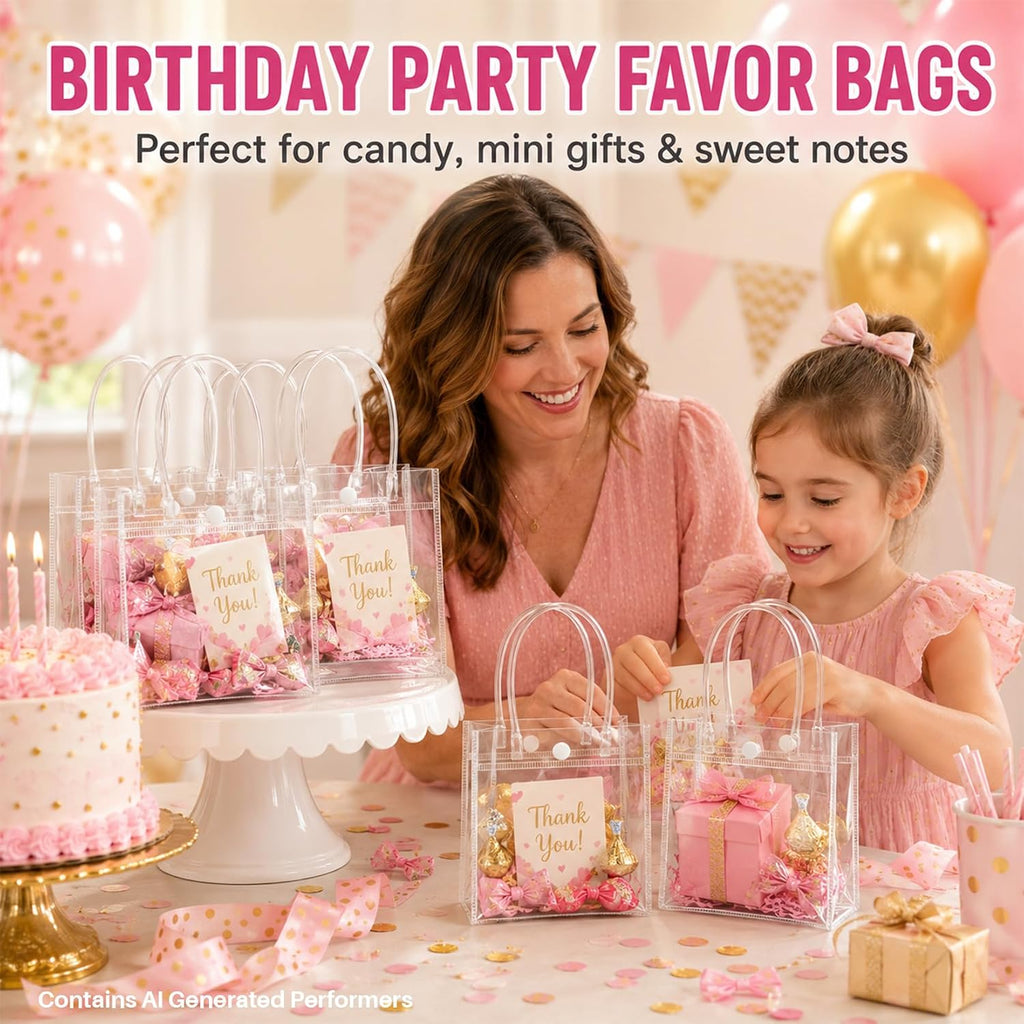 MAQIHAN Clear Gift Bags with Handles - Party Favor Candy Bags Transparent | 10 Plastic Goodie Bags, bolsitas for Valentines, Mother's Day, Christmas, Baby Shower, Wedding, Birthday, Mini 5.9'' x 6.3''