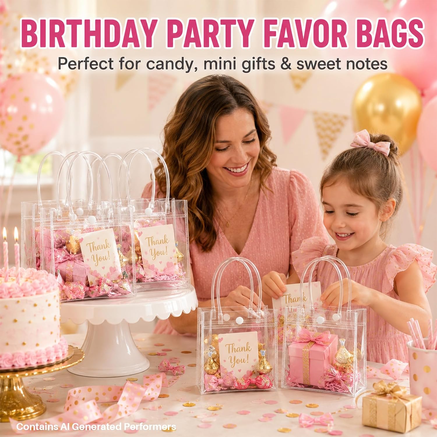 MAQIHAN Clear Gift Bags with Handles - Party Favor Candy Bags Transparent | 10 Plastic Goodie Bags, bolsitas for Valentines, Mother's Day, Christmas, Baby Shower, Wedding, Birthday, Mini 5.9'' x 6.3''
