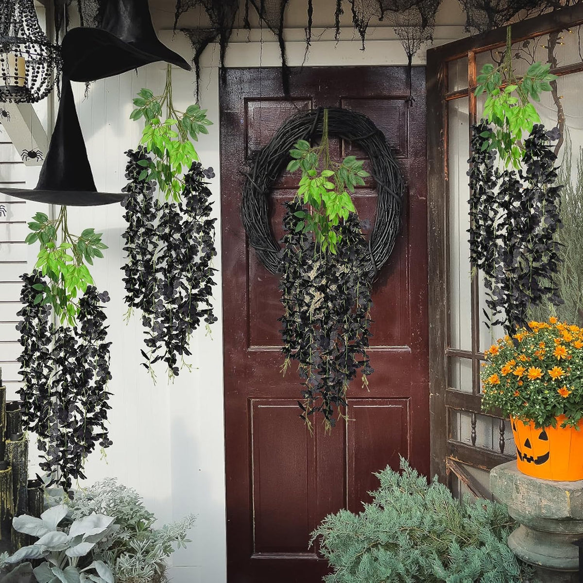 wisteria hanging flowers, black artificial flowers showing dimensions
