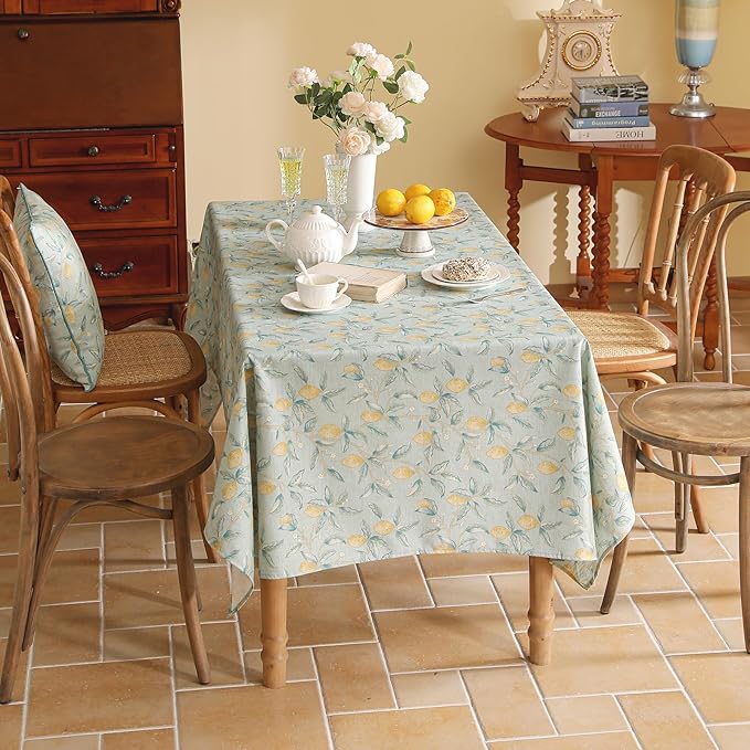 patdrea Designer Linen Green Long Tablecloth for Rectangle Table,Vintage Breathable Yellow Fruits Pattern Table Cloth,Decor Cover for Kitchen Dining,Christmas,Thanksgiving,Party,63"x102"-Ania a