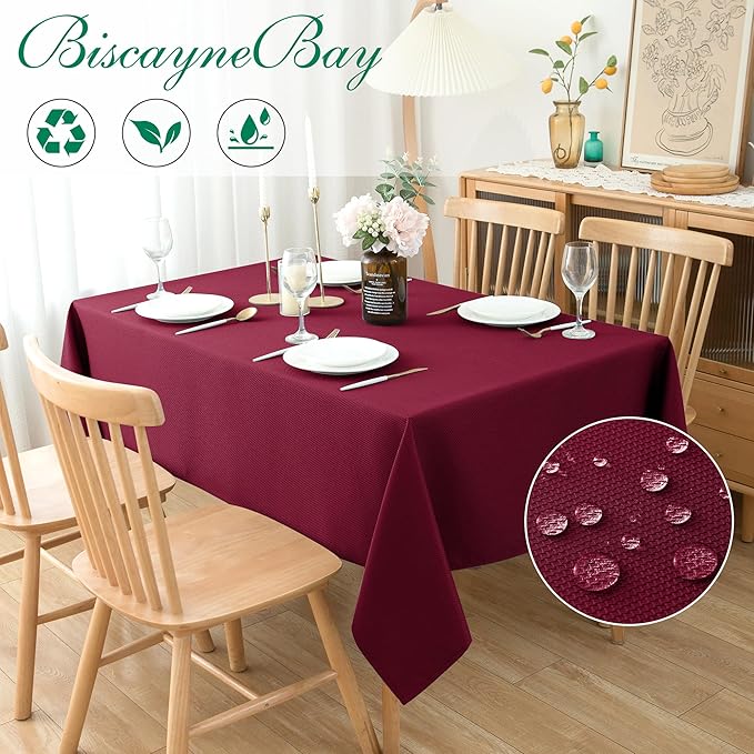Biscaynebay Textured Fabric Christmas Rectangle Tablecloths 90x132, Burgundy Water Resistant Tablecloths for Dining, Kitchen, Wedding, Parties etc. Machine Washable