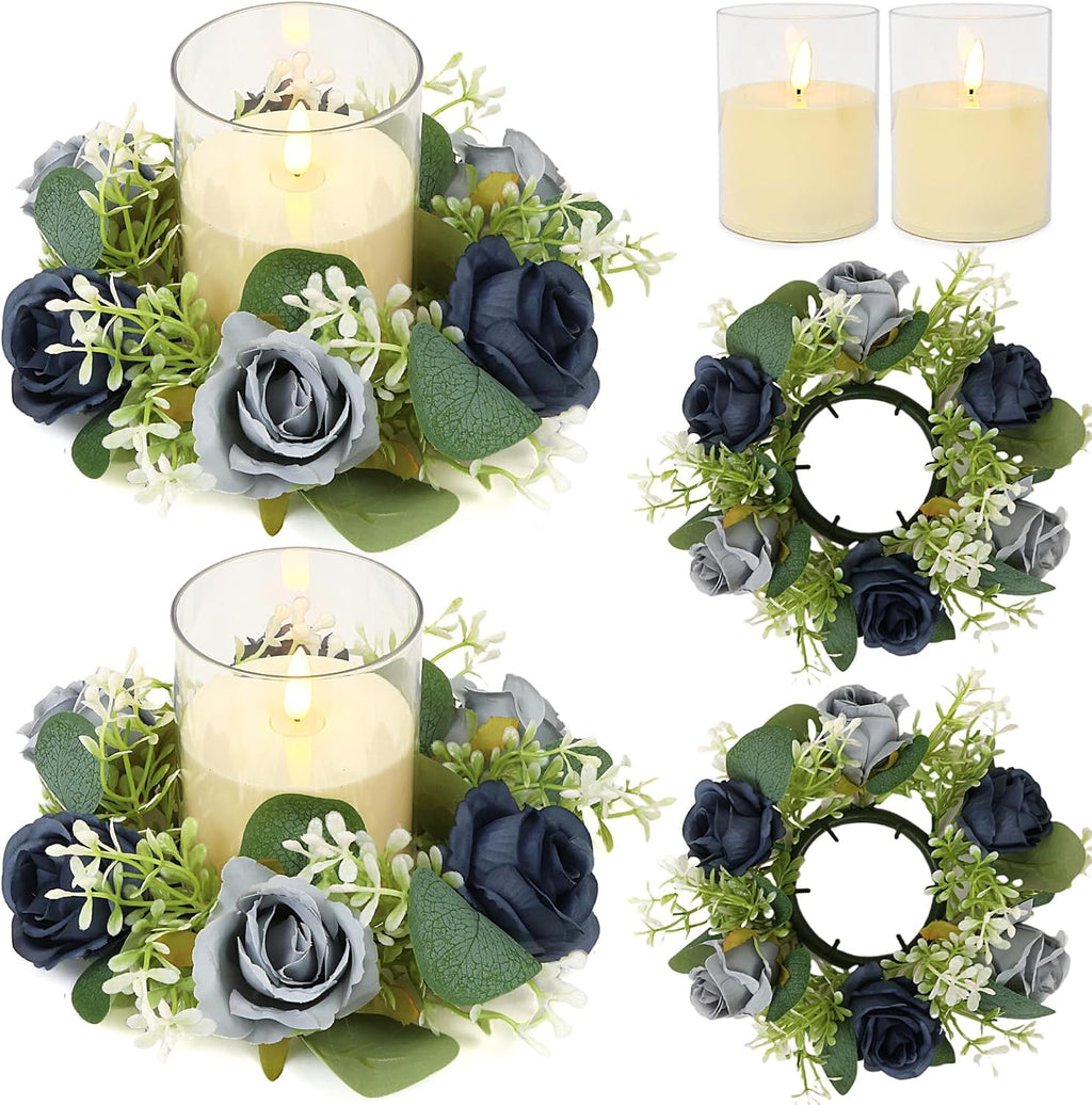 Blue Rose Candle Rings with Flameless Candles Sets - 4PCS Artificial Flower Eucalyptus Wedding Centerpiece 3 Inch Pillar Candleholders Wreaths for Wedding Party Decor (Blue - 2 Sets)
