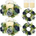 Blue Rose Candle Rings with Flameless Candles Sets - 4PCS Artificial Flower Eucalyptus Wedding Centerpiece 3 Inch Pillar Candleholders Wreaths for Wedding Party Decor (Blue - 2 Sets)