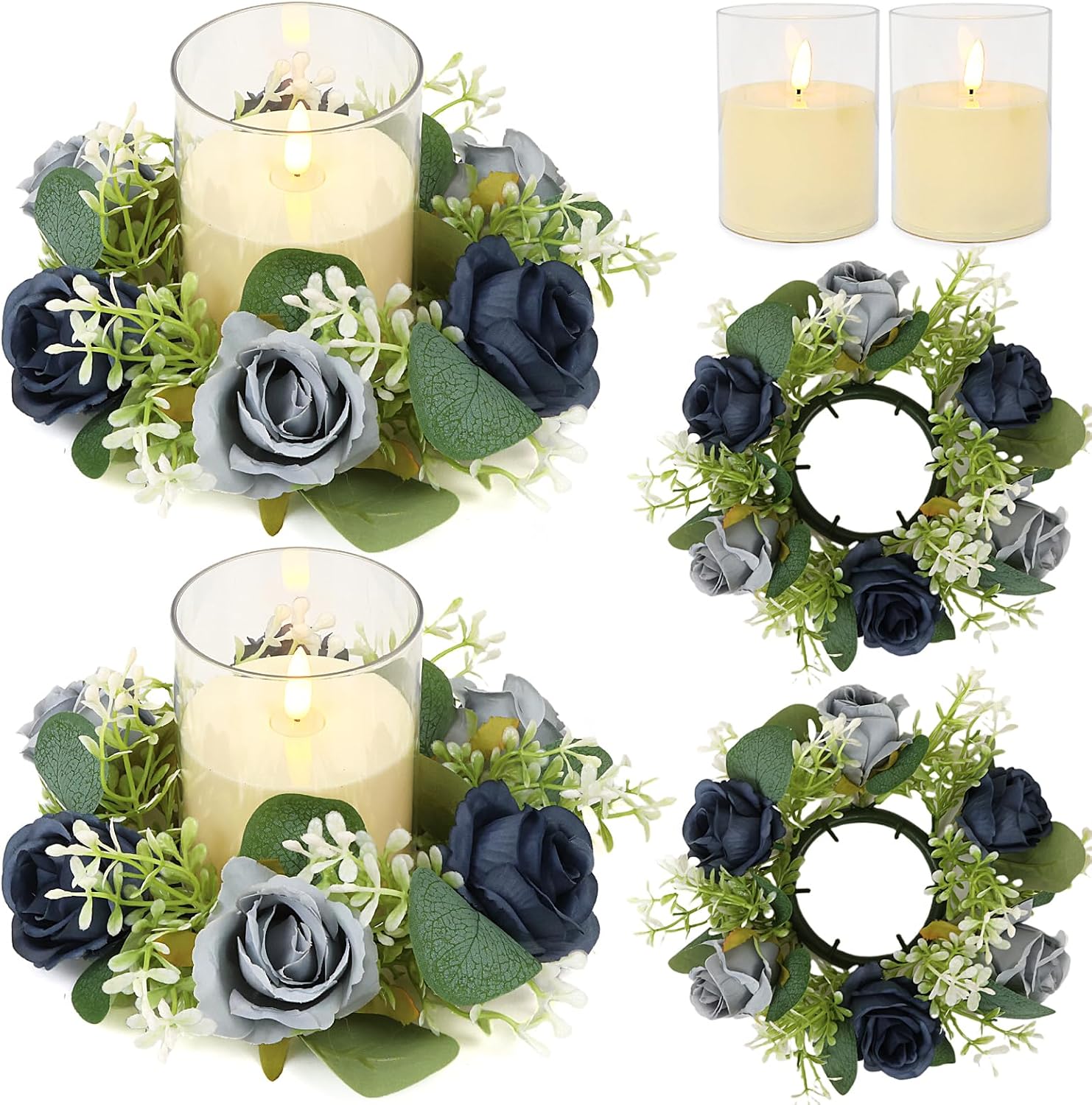 Blue Rose Candle Rings with Flameless Candles Sets - 4PCS Artificial Flower Eucalyptus Wedding Centerpiece 3 Inch Pillar Candleholders Wreaths for Wedding Party Decor (Blue - 2 Sets)