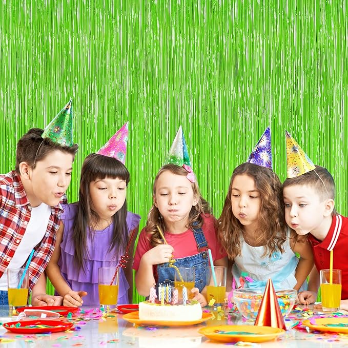 Grass Green Foil Fringe Curtain Backdrop, 2Pack Metallic Tinsel Fringe Curtain Streamers Photo Backdrop for St Patricks Day Football Decorations, Birthday Christmas Tropical Party Decor Door Streamers
