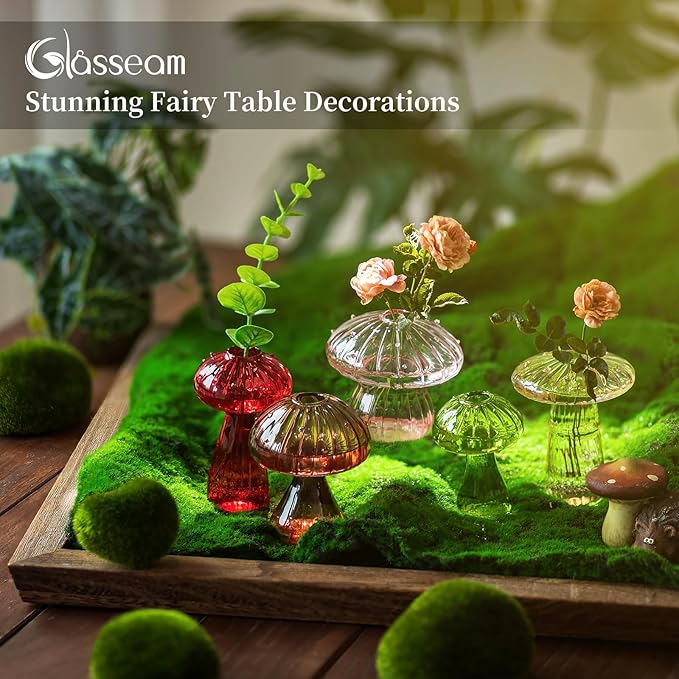 Glasseam Mushroom Glass Planter, Set of 5 Colored Plant Propagation Station, Mini Terrarium for Plants, Unique Small Glass Vase for Flowers, Cute Hydroponic Indoor Planters Gifts for Women Room Decor